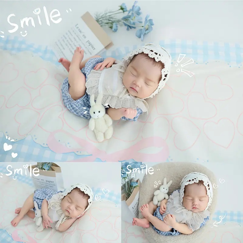 Blue Plaid Outfit Floral Set - Newborn Photography Props
